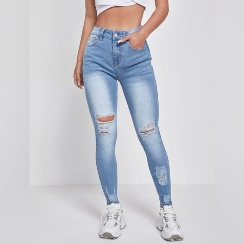 SHEIN Petite 0 Light Wash High Waist Ripped Skinny Jeans
